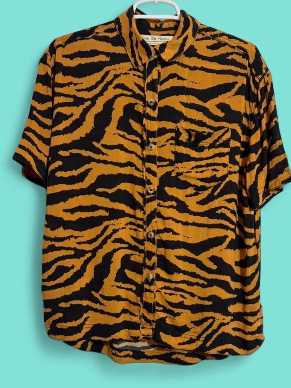 Free People Short-Sleeve Tiger Stripe Button-Up oversized Xsmall